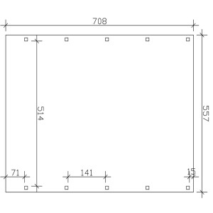 Skizze Carport Friesland Nussbaum: Maße 557x708cm, Einfahrt 514x221cm, 10 Pfosten.