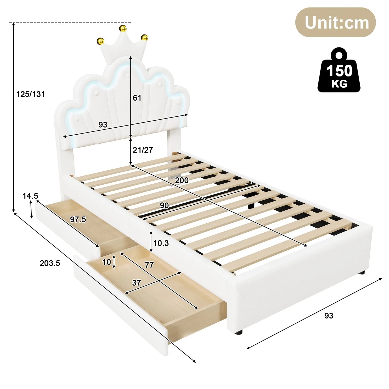 okwish Polsterbett 90x200cm mit LED Licht Schubladen Weiß ohne Matratze_5
