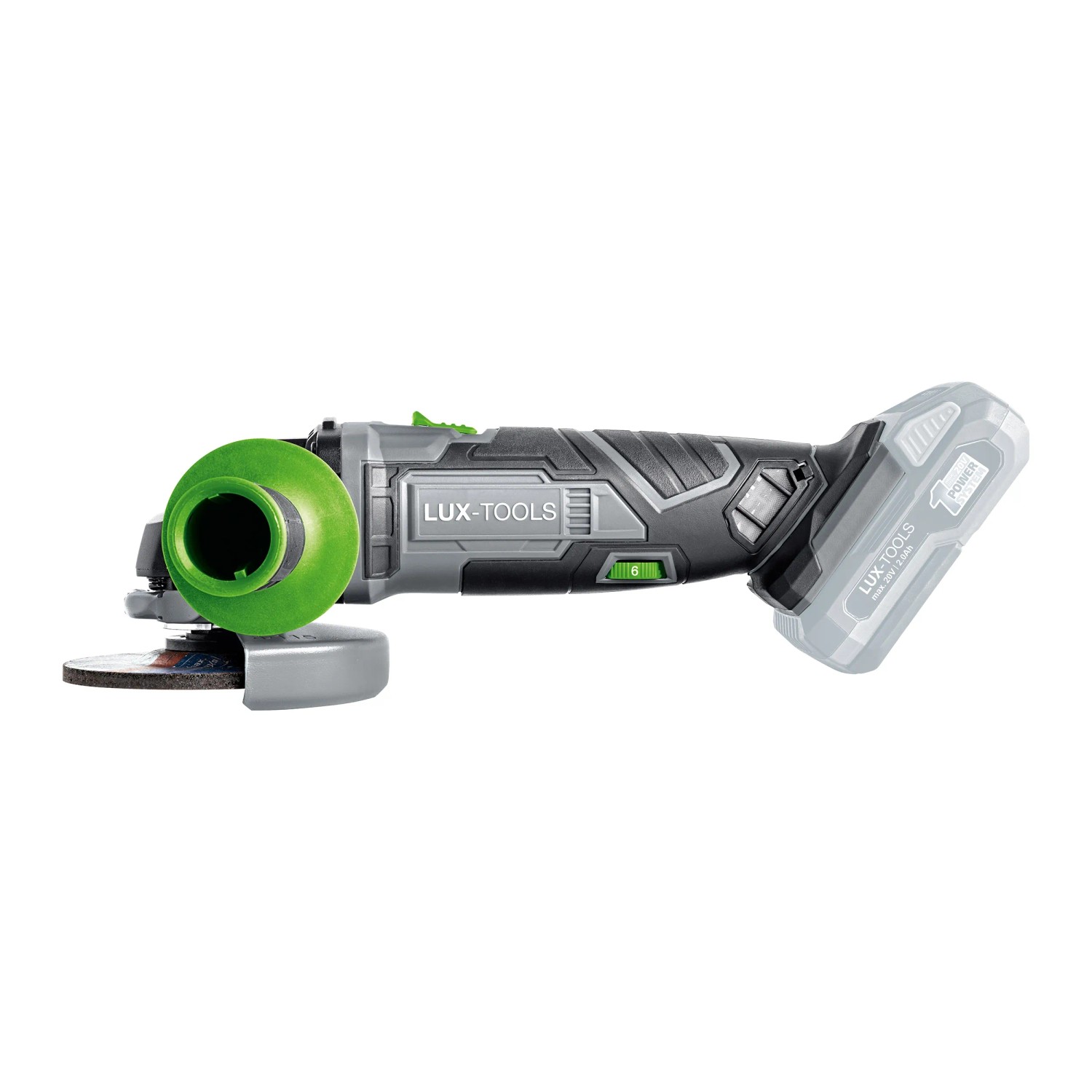 LUX Akku-Winkelschleifer A-WS-20/115A aus dem 3in1 Akku-Maschinenset, mit Akku.