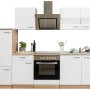 Respekta Küchenzeile 270 cm, weiß/Eiche Sägerau, mit Glaskeramikkochfeld und Elektrogeräten.