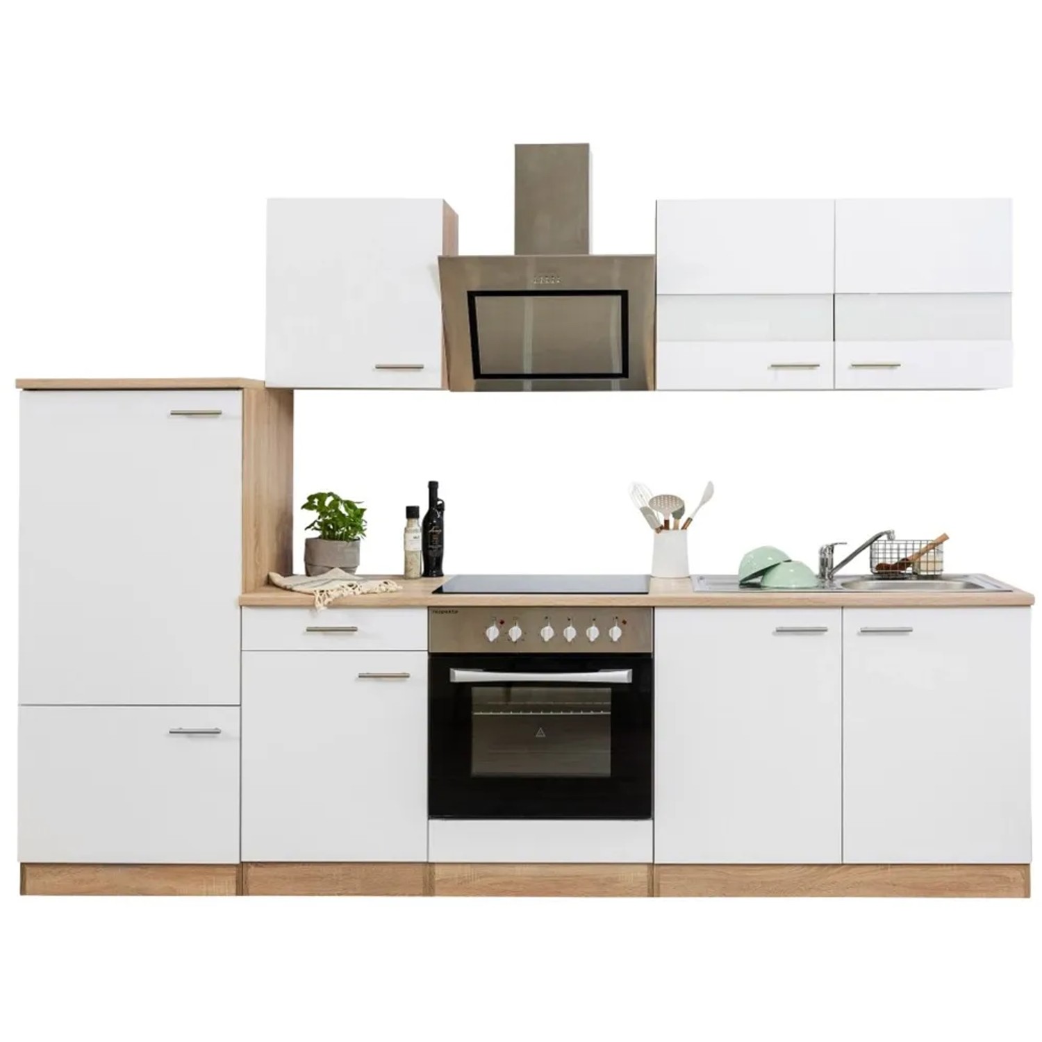 Respekta Küchenzeile 270 cm, weiß/Eiche Sägerau, mit Glaskeramikkochfeld und Elektrogeräten.