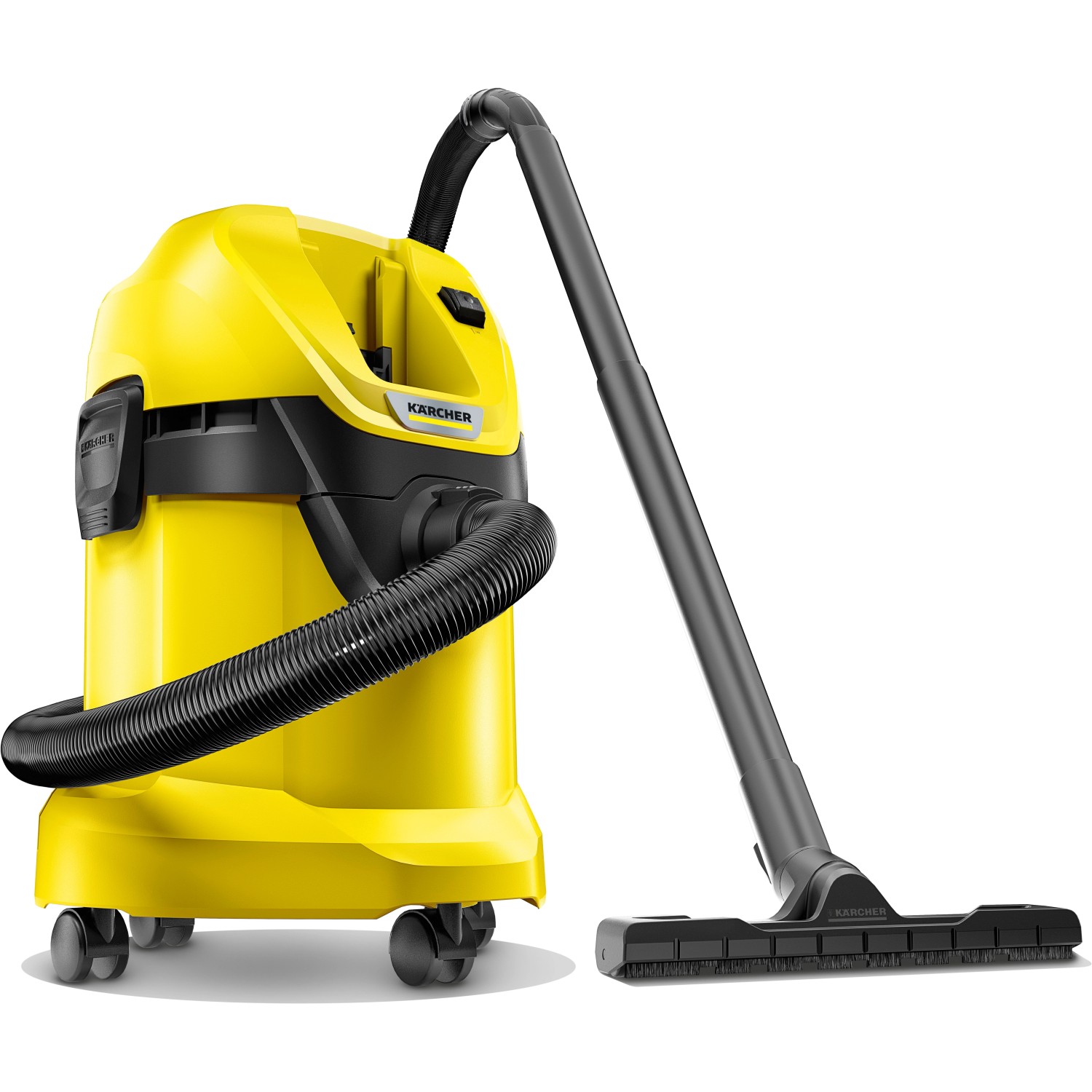 Kärcher Akku-Mehrzwecksauger WD 3 Battery, gelb, mit Saugschlauch und Bodendüse.