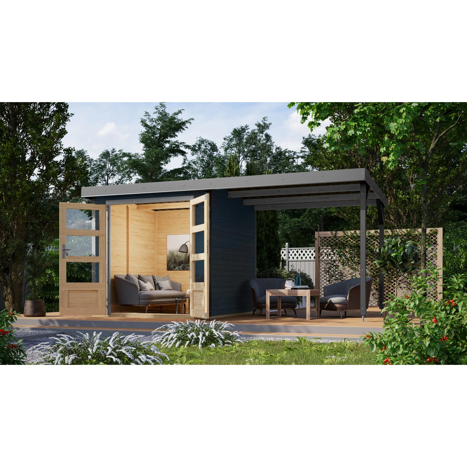 Karibu Gartenhaus Ernesto C mit Anbaudach in Anthrazit/Grau, 208,5x209x213 cm.