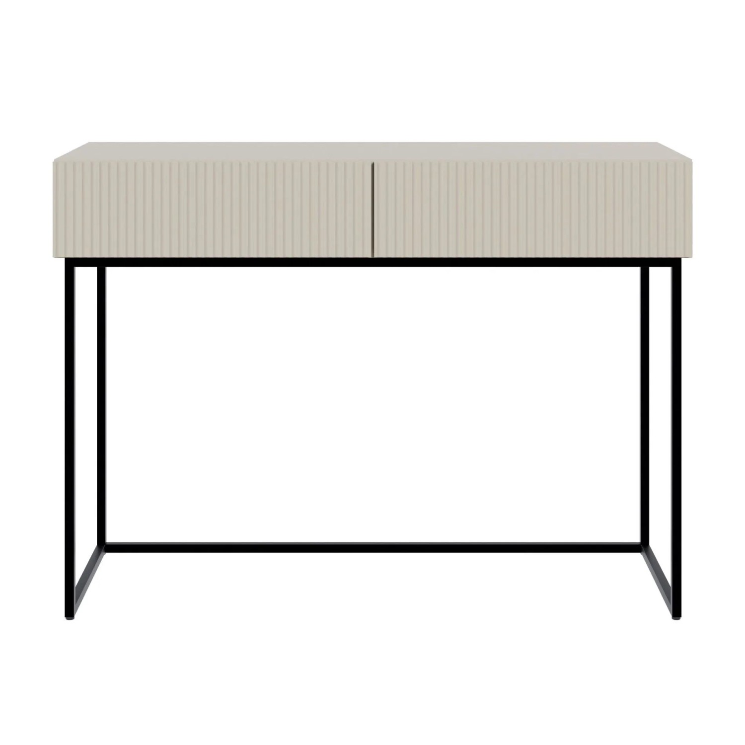 Selsey Veldio Schminktisch 110 cm, Greige mit geriffelter Lamellenfront, 2 Schubladen, schwarzen Metallbeinen.