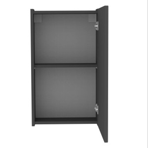 Offener JUNA Spiegelschrank in Anthrazit, 40 cm breit, mit zwei Ablageflächen.