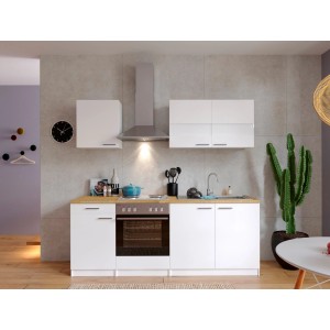 Respekta Küchenzeile KB210WW, 210 cm breit, in Weiß mit Herd, Kochfeld, Spüle und Dunstabzugshaube.