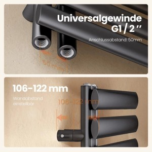 Emke Badheizkörper Anthrazit: Details zu G1/2 Anschlussgewinde, 50mm Anschlussabstand und 106-122mm Wandabstand.