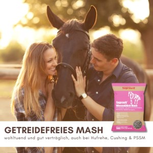 Paar streichelt Pferd. Supravit WIESENGLÜCK getreidefreies Mash Pferdefutter in pinker Packung für gesunde Verdauung.