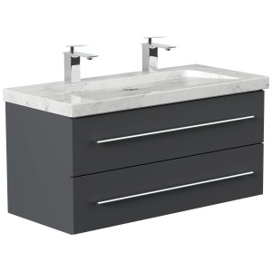 Posseik Badmöbel-Set Yamo, 100 cm, Grafit, mit Marmor Carrara Waschbecken und zwei Hahnlöchern.