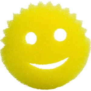 Gelber Scrub Daddy Reinigungsschwamm in Smiley-Form für Küche und Haushalt.