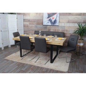 Esszimmer-Set mit Esstisch, Bank und vier Stühlen in Grau-Braun, 160 cm breit.