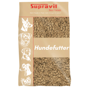 Supravit Trockenfutter für Hunde: beiger Beutel mit Hundeköpfen und sichtbaren Futterbrocken.