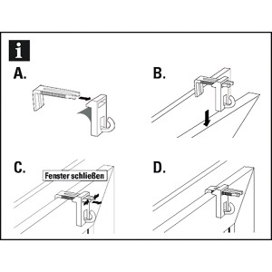 Montageanleitung für Gardinia Klemmträger mit Haken, weiß, für Rollos und Raffrollos.