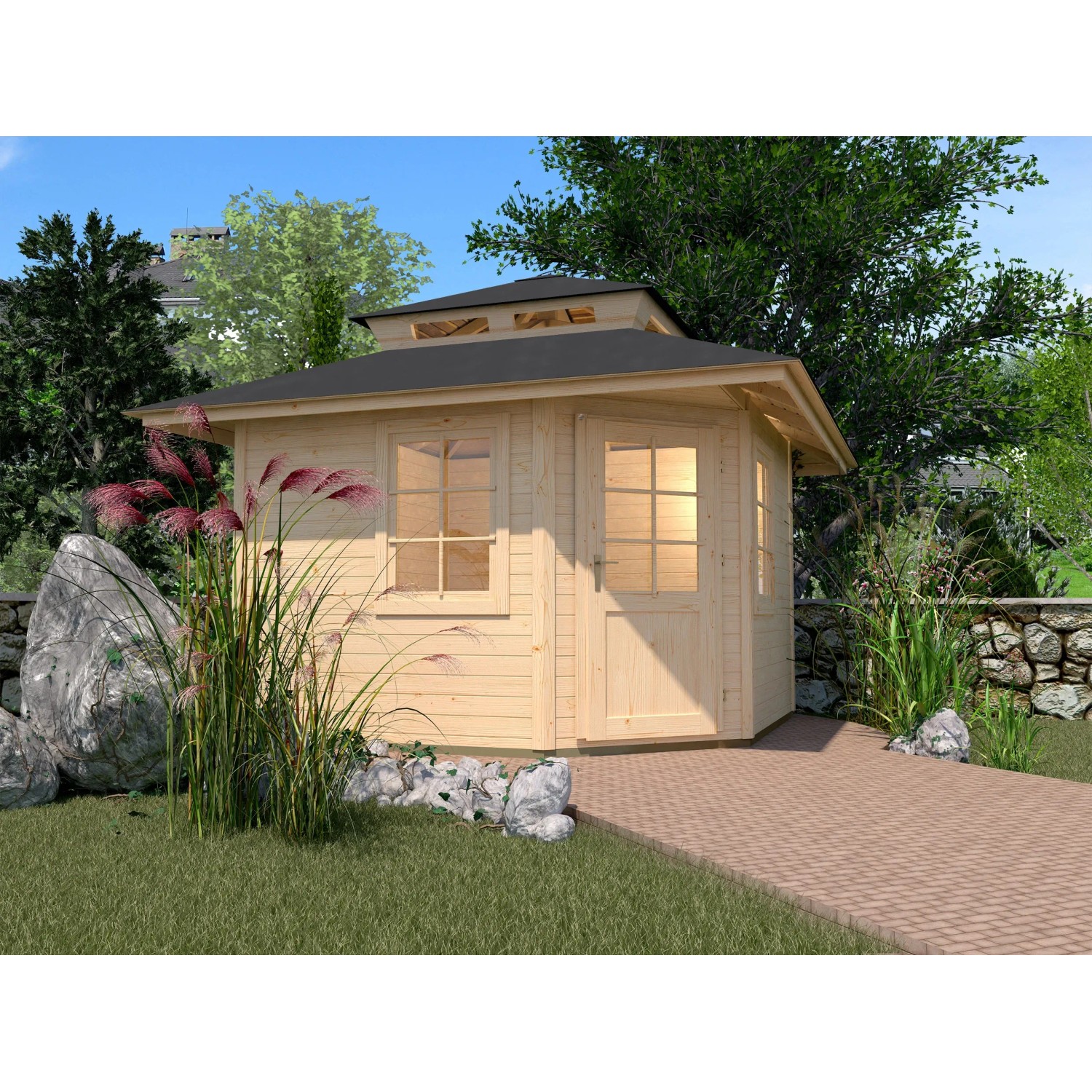Unbehandeltes Weka Holz-Gartenhaus mit Zeltdach und Fenster im Garten.