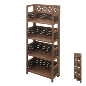 Dunkelbraunes MCW Regal K86 mit 4 Böden und Polyrattan-Geflecht, zusammenklappbar.
