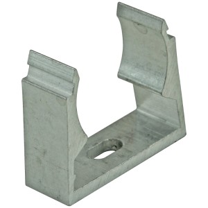 Silberne Alu-Klemmschelle für Rohr Ø 40 mm. U-förmig mit Befestigungsloch, für Blitzschutzmaterial.