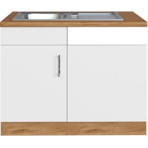 Held Möbel Spülzentrum Sorrento, 110cm, weiß mit Holzdekor, Spülenunterschrank mit Tür und Blende.