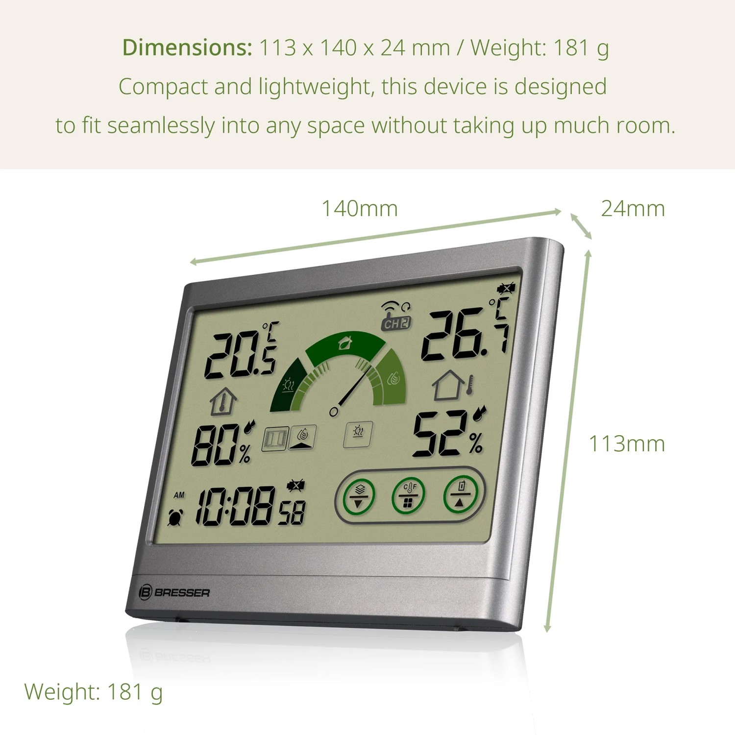 Bresser VentAir H Thermo-Hygrometer Anthrazit mit Temperatur-, Feuchtigkeitsanzeige und Lüftungsempfehlung.