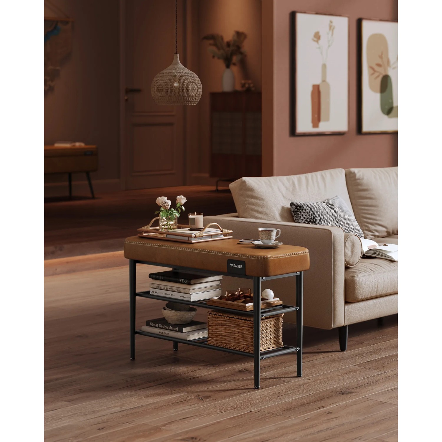 Vasagle Schuhbank, braun, 80x50 cm, mit 3 Ablagen für Schuhe und bequemer Sitzfläche.