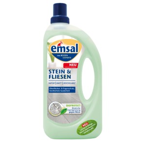 Emsal Boden Pflege Stein & Fliesen in hellgrüner Flasche. Reinigungs- & Pflegemittel für Oberflächen- & Fugenschutz.