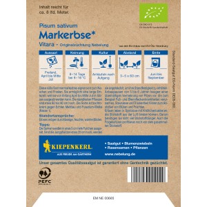 Saatguttüte Kiepenkerl Profi-Line Bio Markerbse Vitara. Süße Erbse für Garten und Beet.
