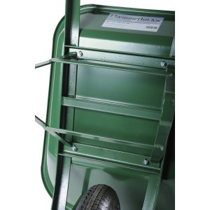 Detailansicht der grünen Haemmerlin Schubkarre Pro Select 100 l mit verstärkter Muldenabstützung.