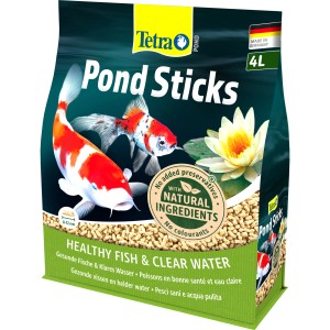 Tetra Pond Fischfutter Sticks 4 l: Hauptfutter für Teichfische mit Koi und Seerose auf der Packung.