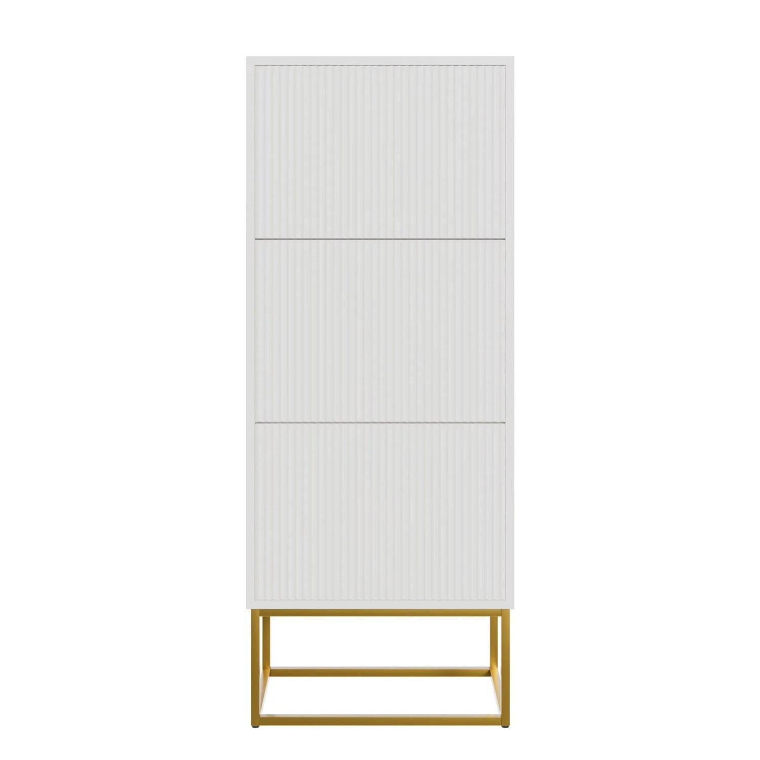Weißer Selsey Veldio Schuhschrank mit Rillenfront und goldfarbenem Gestell. Moderne Schuhkommode mit 3 Klappfächern.