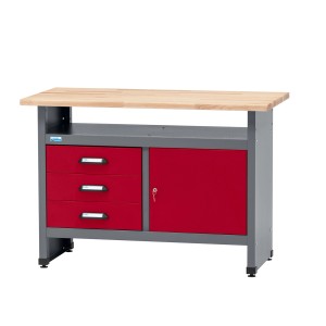 Küpper Werkbank mit Tür und 3 Schubladen, 84x120x60 cm, dunkelrot, Buchenholzplatte.