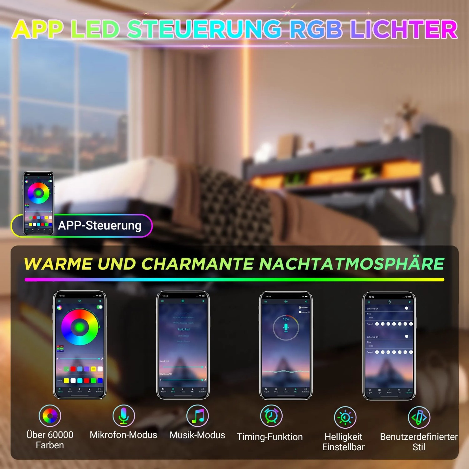 okwish Polsterbett 90x200cm mit LED Stauraum USB Kopfteil Grau ohne Matratze_10