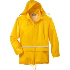 Gelbe Scheibler Basic Regenjacke Gr. S für Arbeitskleidung mit Kapuze und Reflektorstreifen.
