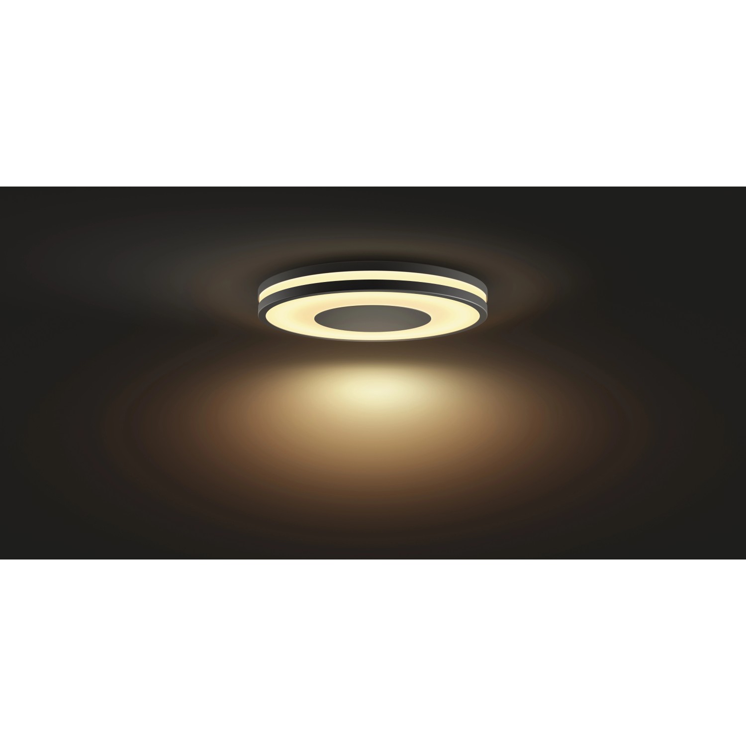 Schwarze Philips Hue LED Deckenleuchte Being mit Dimmer und warmweißem Licht.