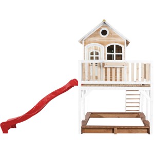 Axi Liam Spielhaus mit roter Rutsche, braun-weiß, mit Sandkasten und Leiter. Ideal für Kinder.