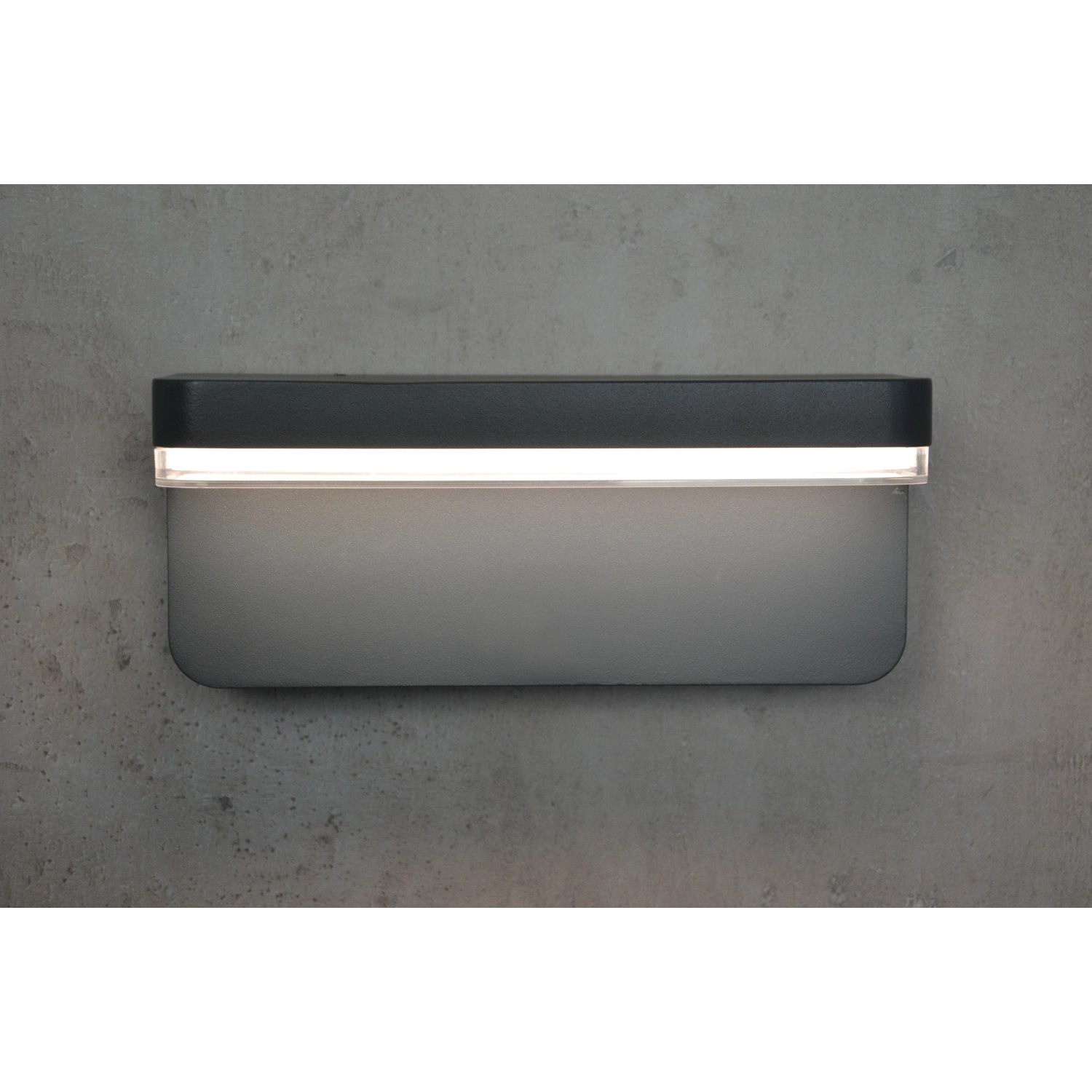 Moderne anthrazitfarbene E2 Elektro LED-Wandleuchte RIDOS für den Außenbereich.