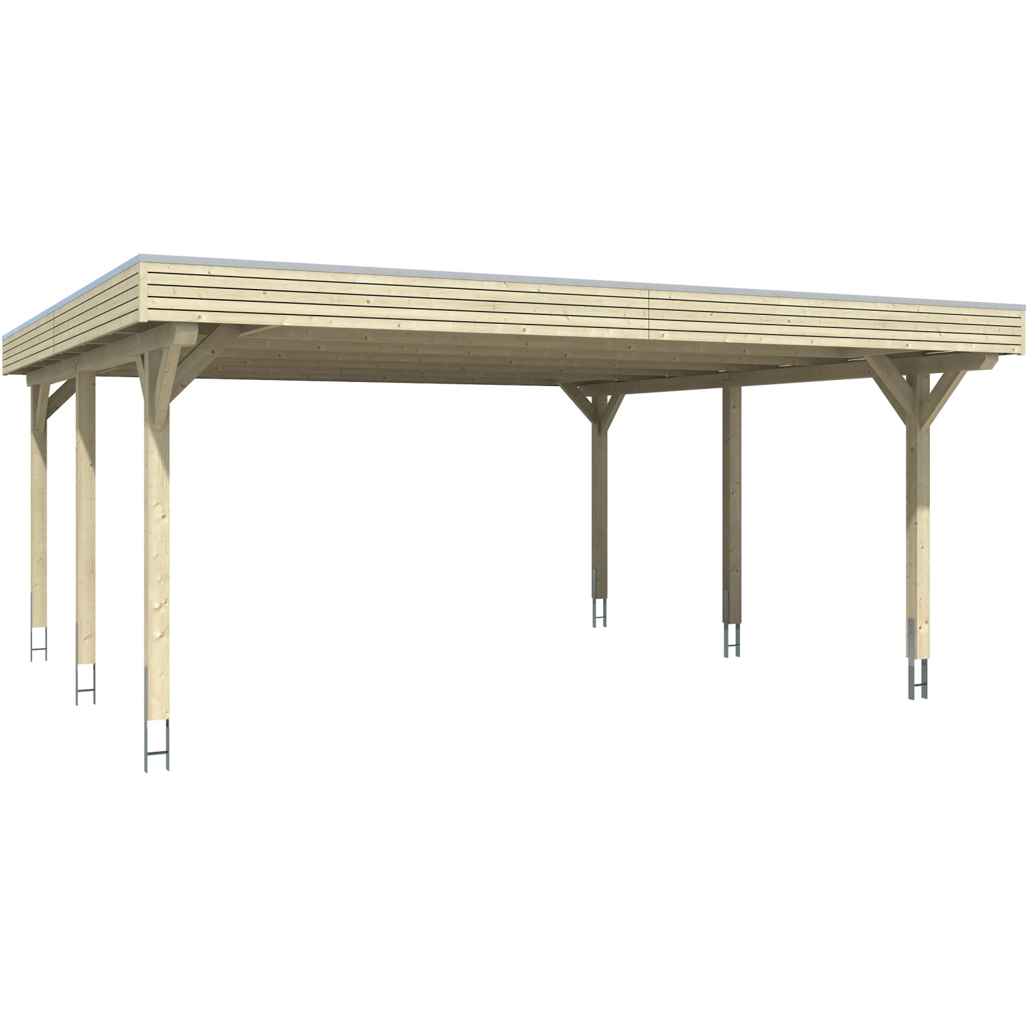 Skan Holz Carport Spessart, 611x604 cm, Eiche hell, Doppelcarport mit Flachdach und sechs Pfosten.