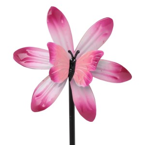 Pinke Deko-Windmühle mit Schmetterling aus Metall, 32 cm hoch, für die Gartendekoration.