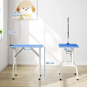 Blauer PawHut Hundepflegetisch mit rutschfester Gummiplatte, Edelstahlrahmen und verstellbarem Arm. 81x48,5x80 cm.
