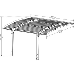 Technische Zeichnung: Palram Canopia Carport Arizone Wave mit Maßen. Gebogene Dachform, Aluminiumkonstruktion.