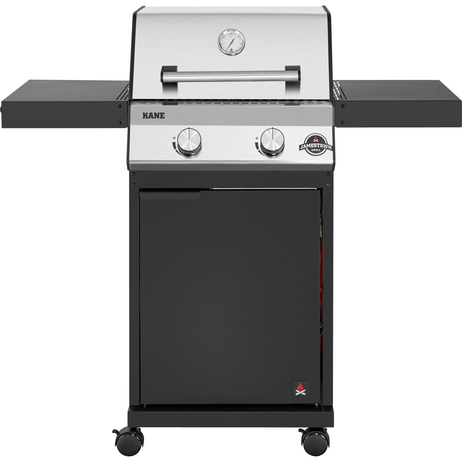 Jamestown 2-Brenner Gasgrill Kane mit Edelstahl-Deckel und einklappbaren Seitentischen.