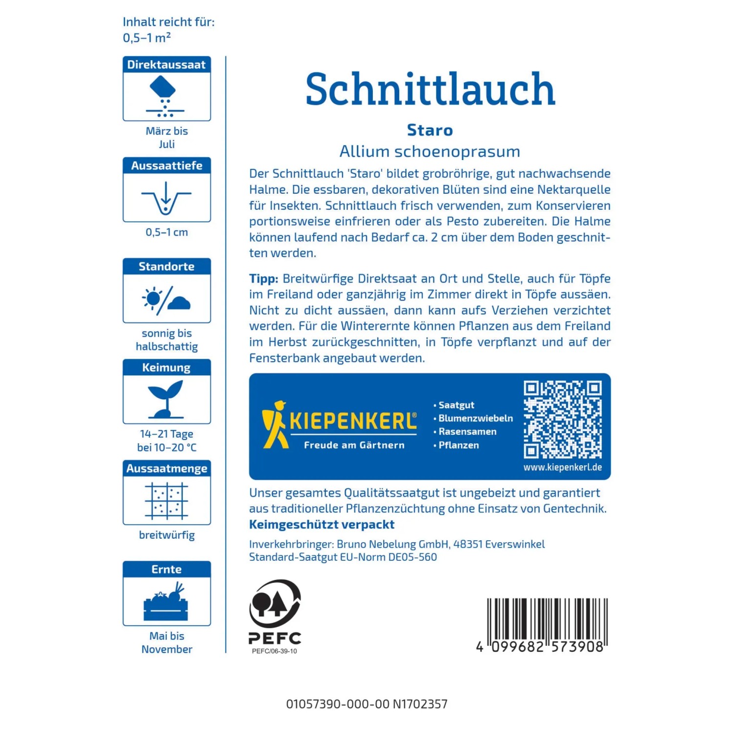 Kiepenkerl Schnittlauch Staro Samenpackung mit Aussaat- und Erntehinweisen.