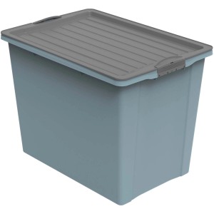 Blaue Rotho Stapelbox Compact A3 (70 l) mit Rollen und grauem Deckel.