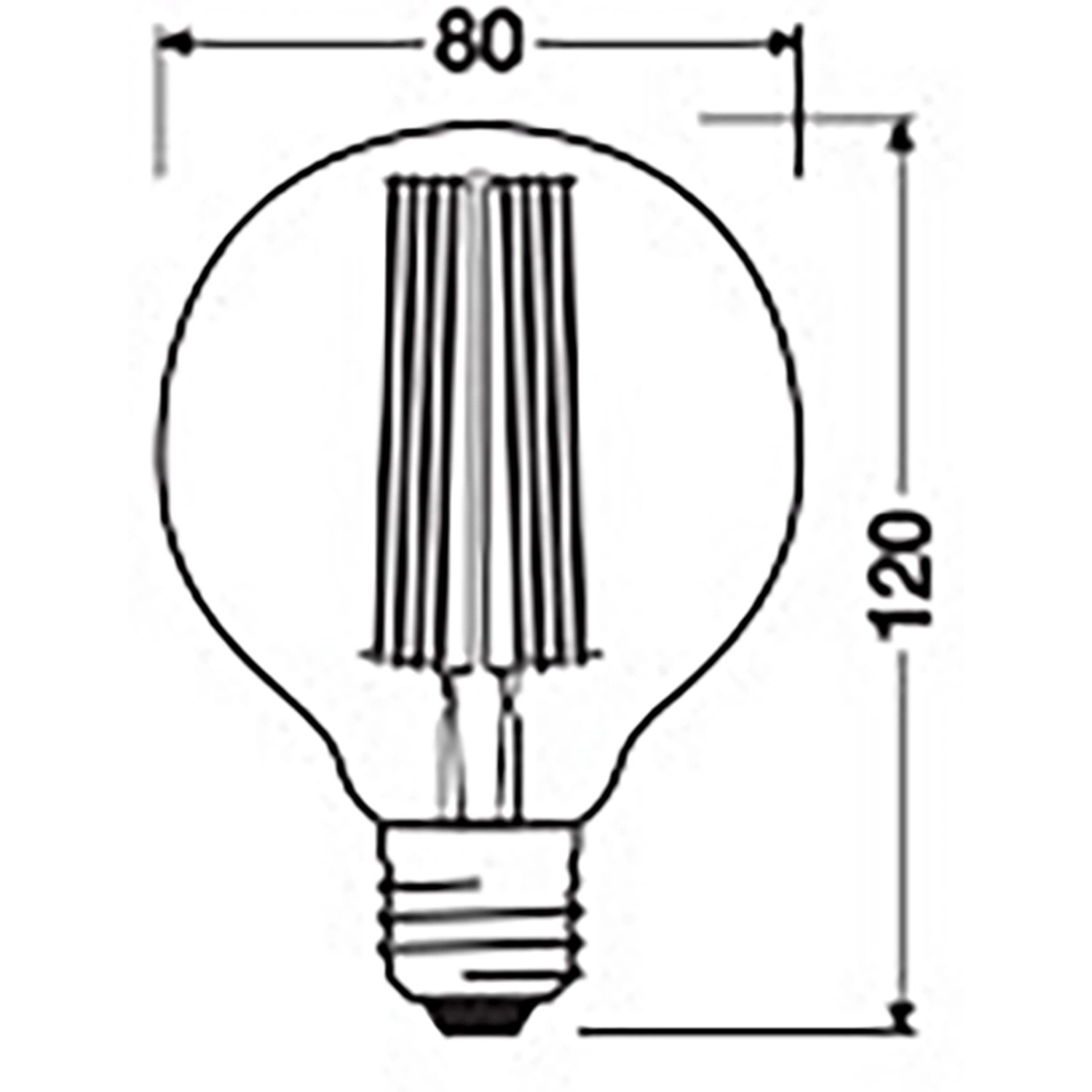 Skizze: Osram LED E27 Globe, 11W, warmweiß, 12x8cm (HxB), Maße eingezeichnet.