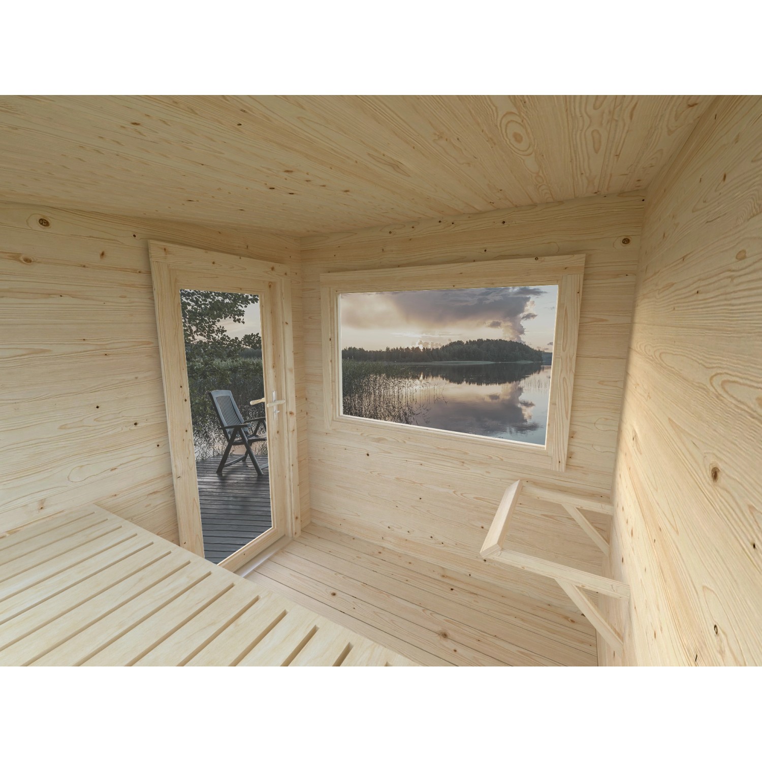 Innenansicht Palmako Sauna Sanna: Holz, Bank, Fenster mit Seeblick, Tür. Saunahaus mit Panoramablick.