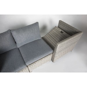 Lounge-Eckteil links Springside, Polyrattan naturgrau mit grauen Auflagen. Teil einer flexiblen Lounge-Gartenmöbel Serie.