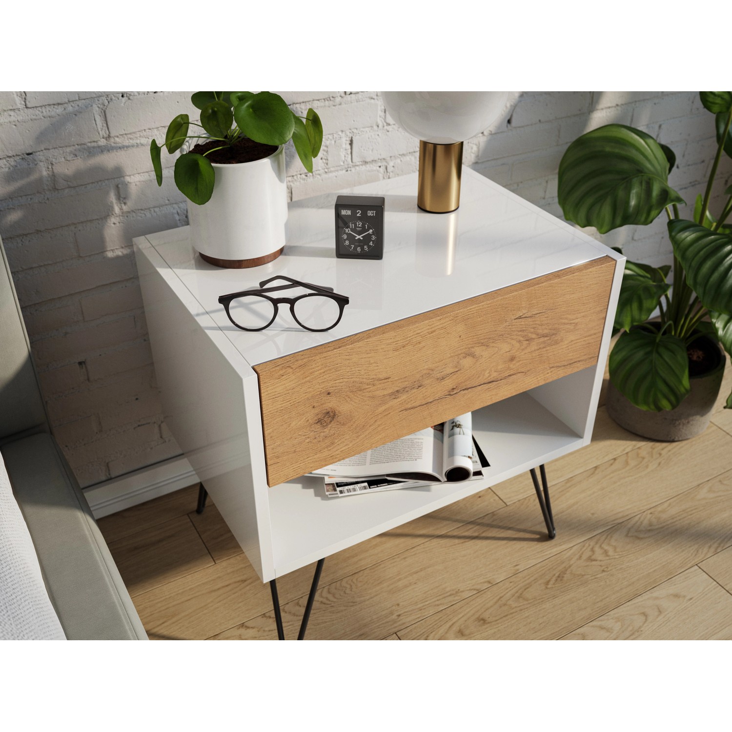 Posseik Nachttisch-Set Industrial B, 2-teilig, weiß/Eiche, mit Schublade und Ablagefach.