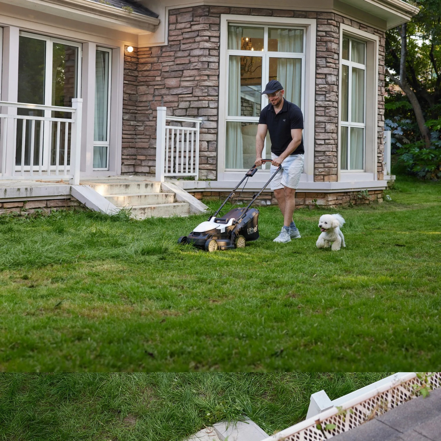 Mann mäht Rasen mit Litheli Akku-Rasenmäher. Inkl. Akku und Powerbank Funktion.