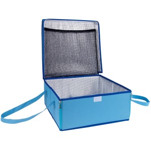 Offene, blaue WENKO Kühltasche mit Isolierung und Tragegriffen. Ideal für den Transport von Speisen.