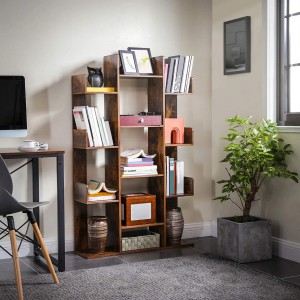Vintagebraunes Vasagle Bücherregal in Baumform mit 13 Fächern im Wohnzimmer.