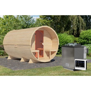 Karibu Fass-Sauna 3 Set naturbelassen mit 9 kW Ofen und externer Steuerung im Garten.