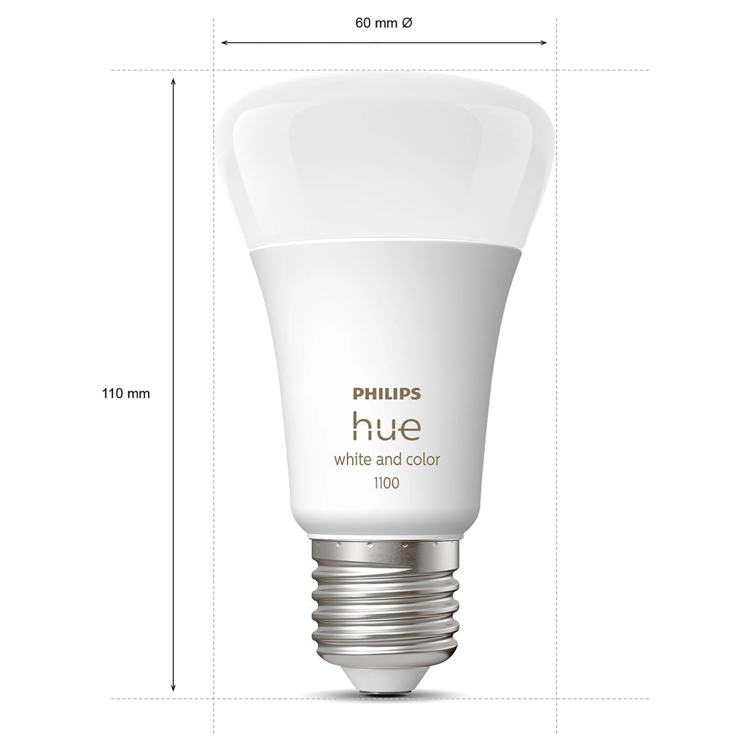 Philips Hue E27 Leuchtmittel mit Maßen 60x110mm, Teil des Starter-Sets.